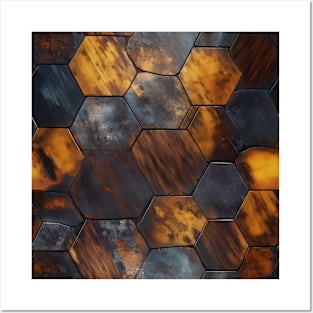 Geometric Timber: Crystalline Hexagons in Amber and Blue Posters and Art